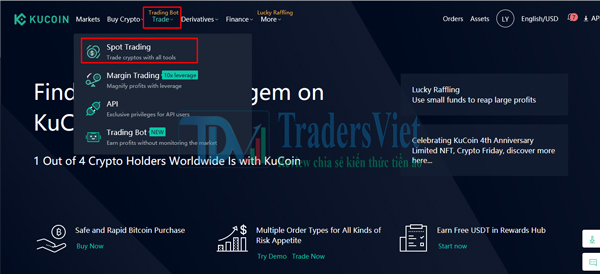 Có thể vào Trade >> Spot Market để chọn Coin
